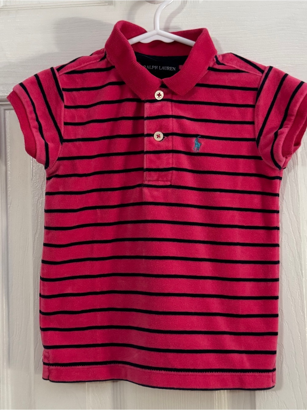 Ralph Lauren Baby Girl Bright Pink Polo with Navy Stripes Short Sleeve